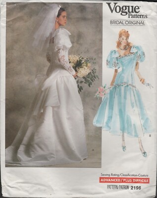 Vogue 2196 Bridal Original Size 10 Drop Waist 1980s Wedding
