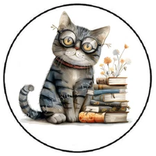 CAT WITH BOOKS ENVELOPE SEALS LABELS STICKERS PARTY FAVORS