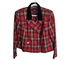 Vintage 90s Red Tan Plaid Double Breasted Blazer Academia Preppy Size 14