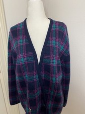 Vtg Pendleton Virgin Wool Cardigan Woman Medium Plaid Navy Purple Green B17