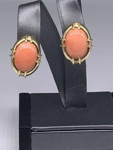 Vintage 14K Yellow Gold Oval Pink Coral & Diamond Earrings 1”
