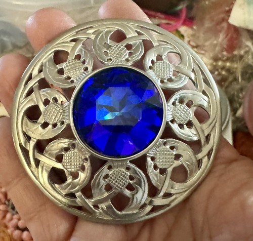 Vtg Ortak Pewter Brooch Pin Oversized Blue Glass Stone Rare Thistles Scotland