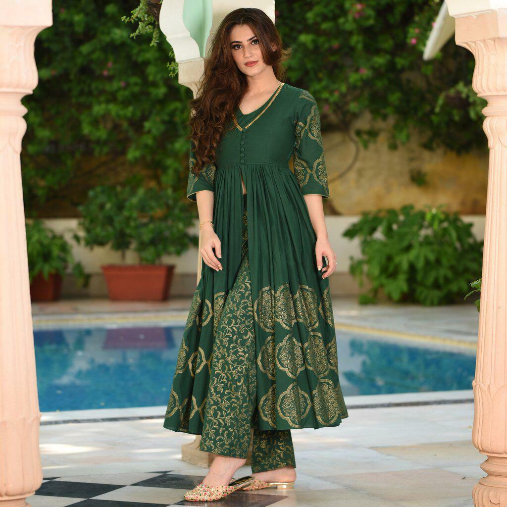 indian women designer partywear green anarkali gown printed kurta and  palazzo | eBay