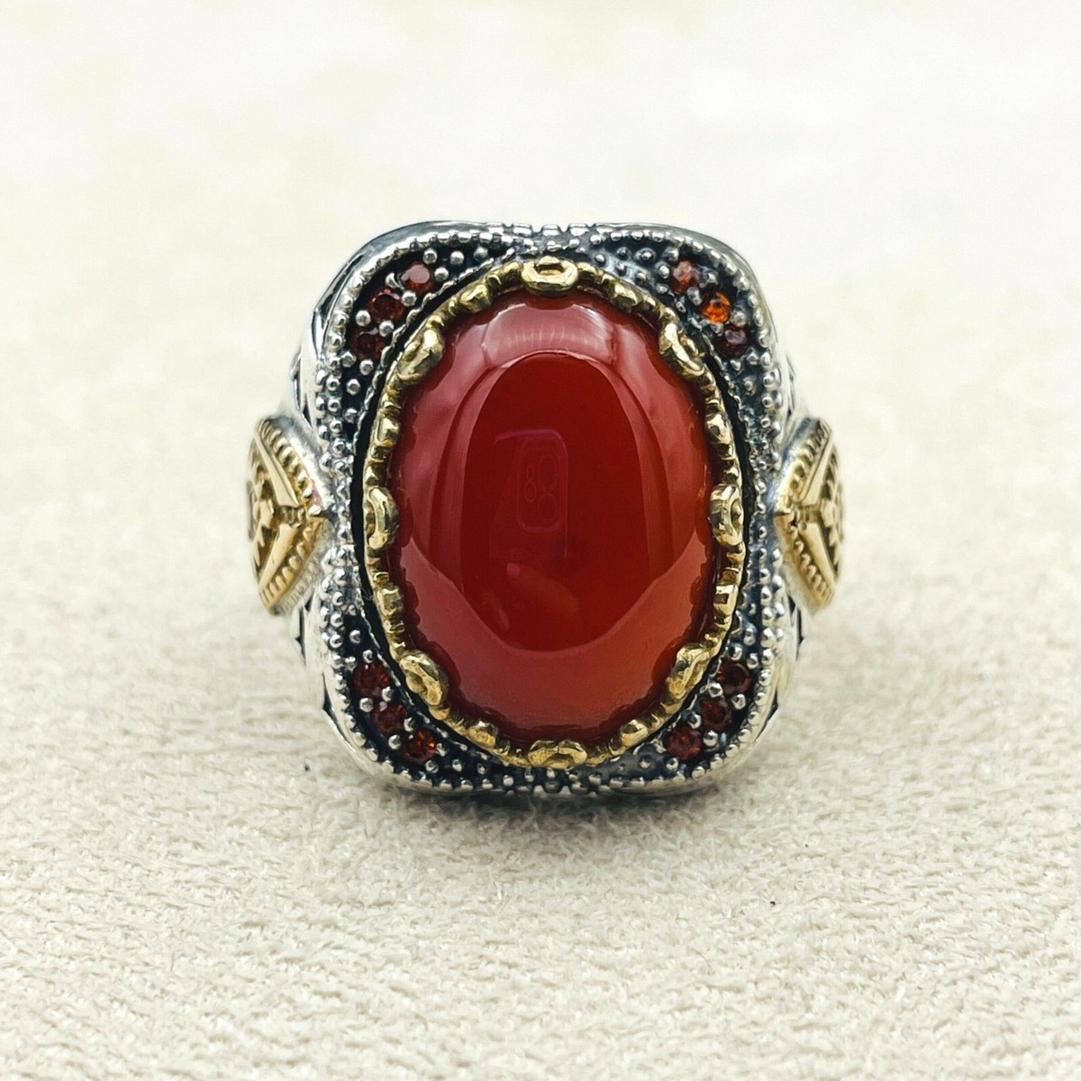 Mens Silver Ring, Oval Red Agate Stone 925K Sterling Silver Ring
