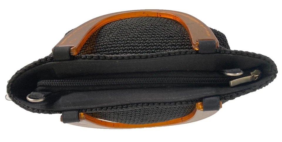 Black Crochet Knit Handbag Lucite Handle Vintage 60s Minimalist Purse Style - Image 3 of 4