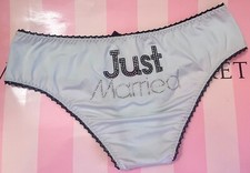 NWT VICTORIA'S SECRET S SMOOTH BLUE JUST MARRIED RHINESTONE BRIDE RARE PANTIES