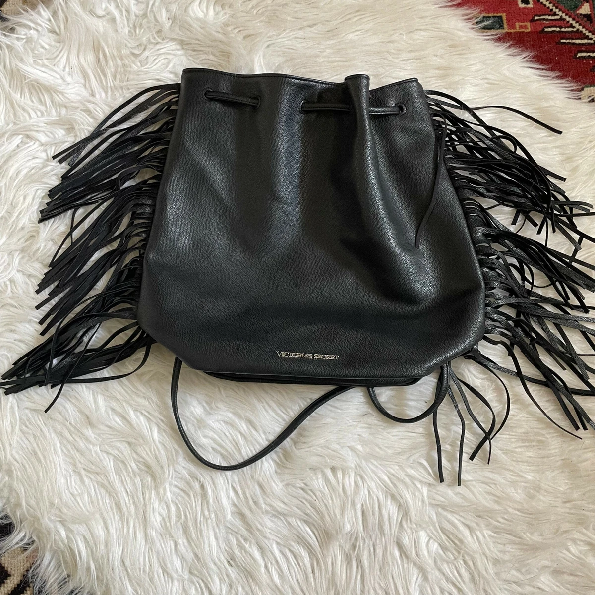 Victorias Secret Fringe Backpack Purse Bucket Bag Faux Leather Cinched Black