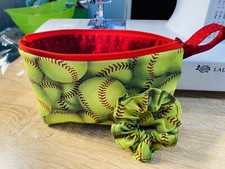 Handmade MakeUp Bag W/ Matching Scrunchie. Softball. Zippered, Lined. Cosmetic.