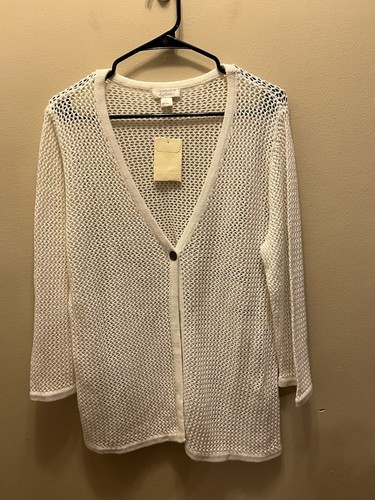 Christopher & Banks XL White Open Front Cardigan Crotchet Knit One Button