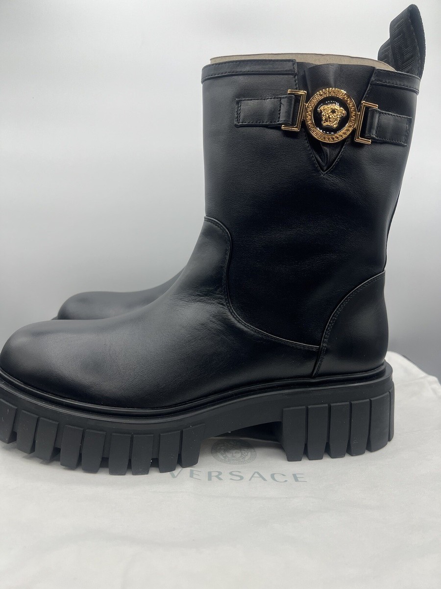 VERSACE Women's Boots Black Leather Biker Boots Medusa Head VERSACE Women's Boots Black Leather Biker Boots Medusa Head