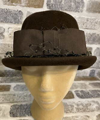 Vintage Glenover Fawn Tra-Felt Henry Pollak NY Women’s Brown Wool Bowler  Hat Bow