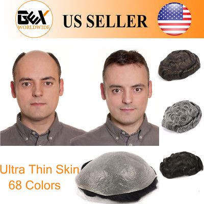 GEX Mens Toupee HairPiece V-loop 0.04mm Thin Skin Human Hair Replacement System