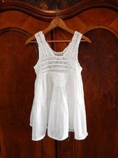 RAGA~NEW~White Crochet Yoke Crinkle Layered Baby Doll Hippie Bohemian Summer Top