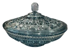 Vintage Windsor Blue Indiana Glass Covered Candy Dish Button & Cane Pattern