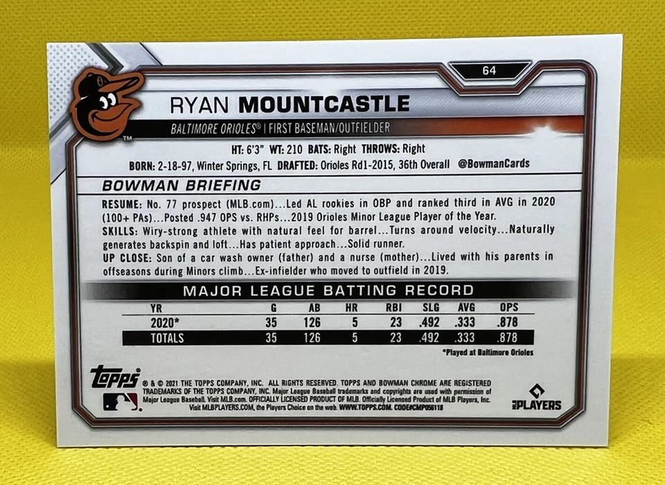 2021 Bowman Chrome Sapphire RYAN MOUNTCASTLE Rookie Card Yellow Parallel #47/50! - Image 2 of 3