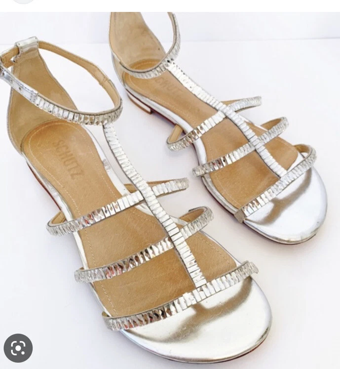 Schutz Jeweled Ice Rhinestone Flat Sandals Silver Sz 39 Brand New