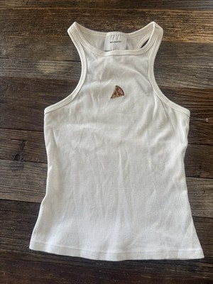 Reformation Nova White Ribbed Racerback Tank Top Embroidered Pizza Slice Size XS