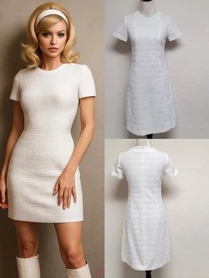 50s Vintage OOAK Handmade White Circle Embossed A-line Mod Mini Go-Go Dress - Photo 1/4