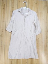 Elena Baldi Natural Linen Mini Shirt Dress Italy Small Pockets Roll Tab Sleeve