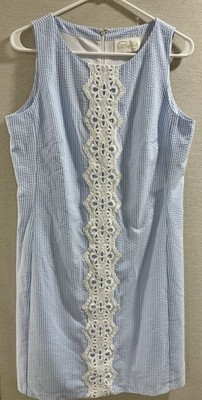 Pappagallo Blue White Seersucker Dress Womens 8 Sleeveless Shift Lace Preppy