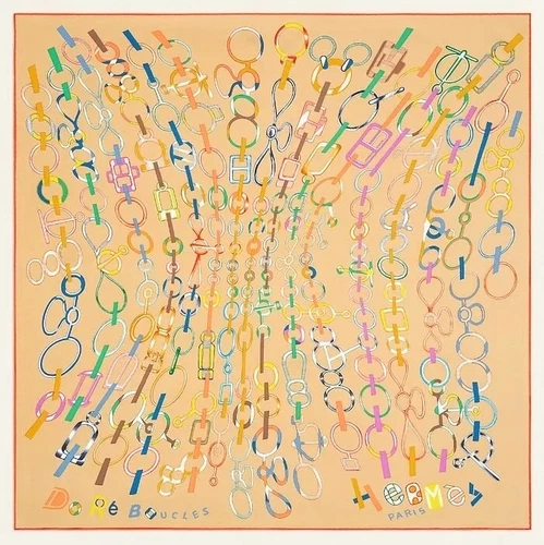 HERMÈS Hermes Sciarpa Stola Do Re Boucles Dorato Beige Catena Accessorio Seta Autentica Nuova 90cm