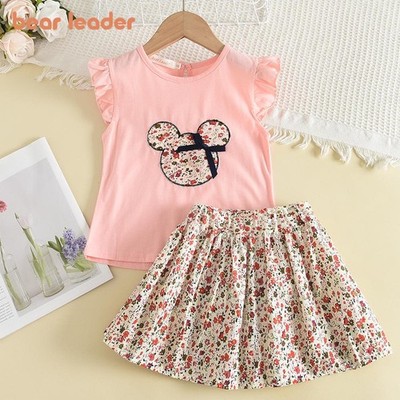 Bear Leader Summer 2pcs Girls Clothes Sets Floral Cartoon Kids Ruffle Sleeve Top