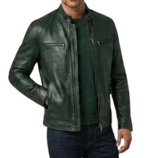 Men's Dark Green Genuine Leather Jacket Sleek Minimalist Café Racer Bomber New