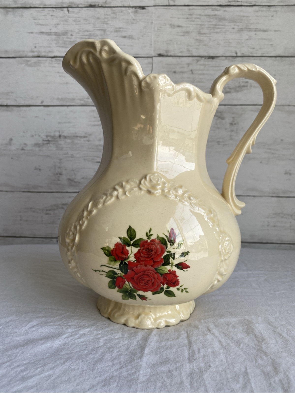 Sittre Ceramic Water Pitcher Cream Beige Floral Roses Vintage 1978