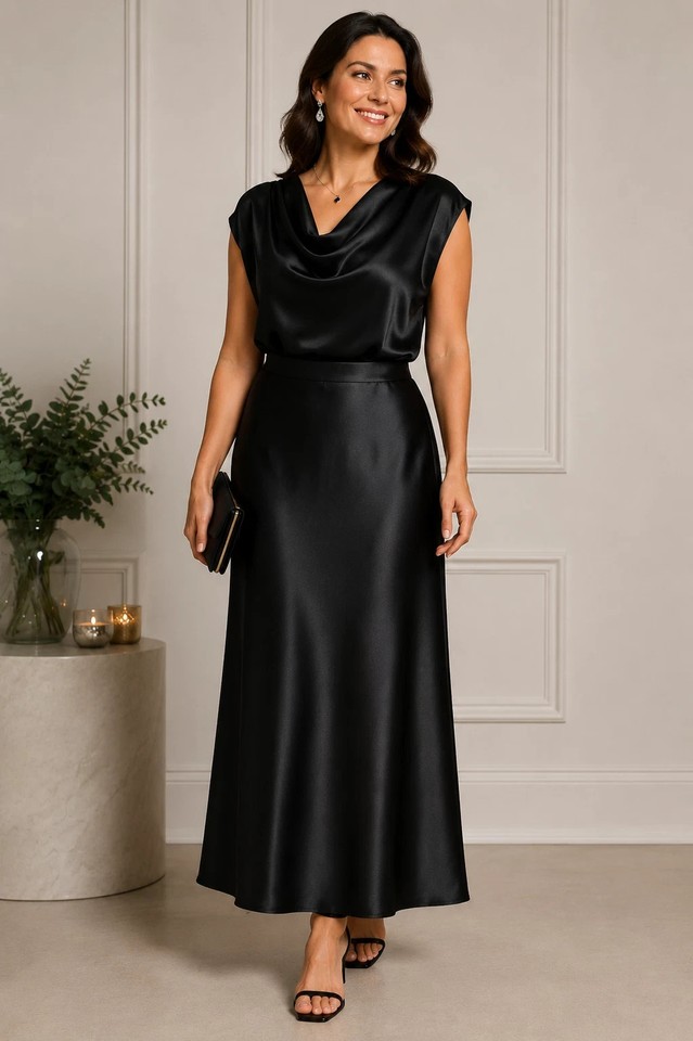 Mr K Black Satin Evening Skirt Formal Maxi A-Line Elegant Occasion Size 12
