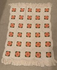 Vtg Crocheted 3D Rose Granny Afghan Throw Blanket w/ Fringe Cottagecore 42x60