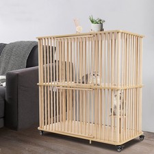 Wood Cat House 2-Tiers Cat Cage 40kg-Each-Tier-Load Large Cat Villa W/ Wheels