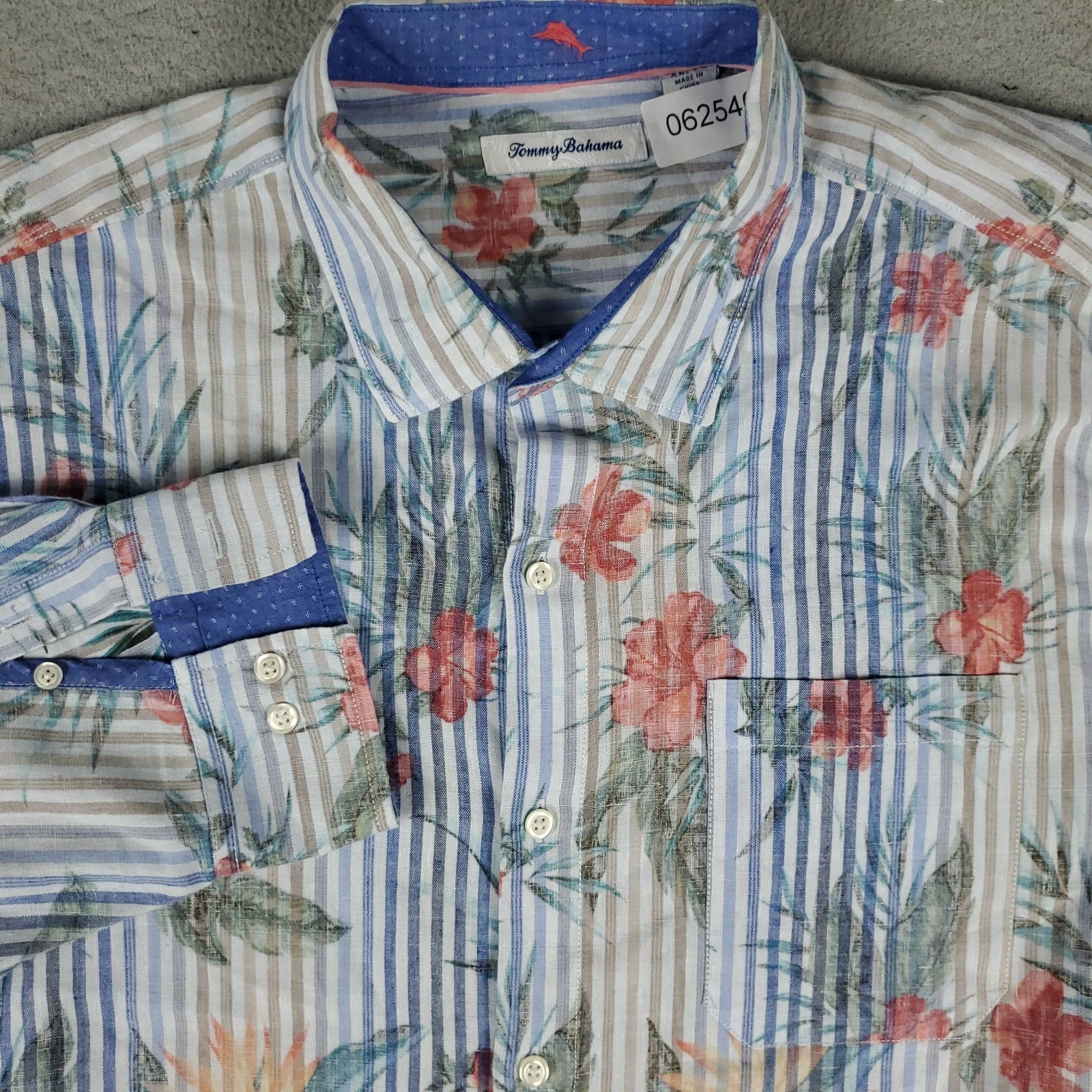 Tommy Bahama Shirt Mens XL Blue Floral Striped Linen Button Up Long Sleeve