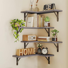 Set 4 Mensole in Legno Angolari, Scaffalatura ad Angolo Montaggio a Muro, Aste M