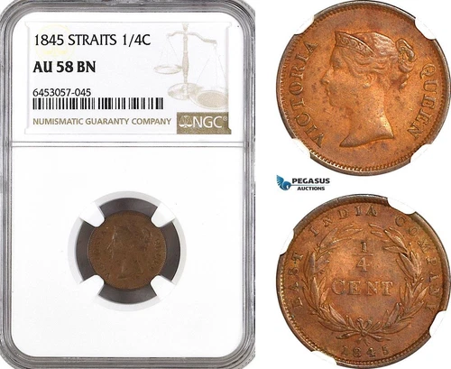 AH359, Straits Settlements, Victoria, 1/4 Cent 1845, NGC AU58BN
