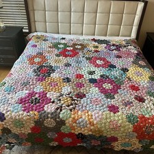 Vintage Handmade Yo-Yo Penny Quilt Topper Colorful 100  x90  