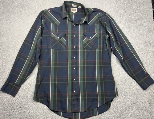 Vintage Ely Cattleman Western Shirt XL Tall Long Sleeve Pearl Snap Plaid Blue
