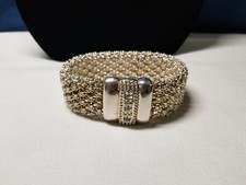 Bracciale Vintage Argento Tono Oro Giallo Inter Maglia Tessuto Design Cristalli
