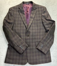 Tommy Hilfiger Blazer Men 42L Brown Plaid Worsted Wool Sport Coat Elbow Patch