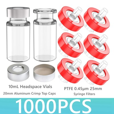 1000x 10mL Headspace Vials Crimp Cap+0.45μm 25mm PTFE Syringe Filter Hydrophobic