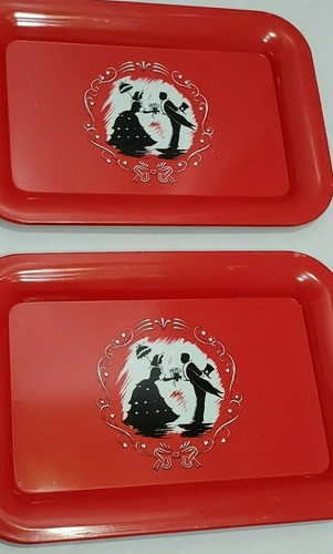 2pcs Vintage 1950 Art Deco Romantic Couple Silhouette Tin Cocktail Trays Plates - Picture 3 of 10