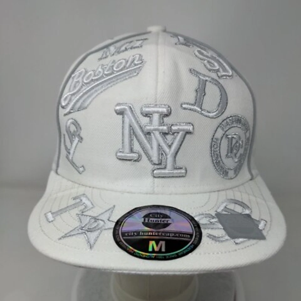 NY Nueva York Boston City Hunter Sombrero Ajustado Blanco 7 1/4 Bordado 6 Paneles Foto 2 de 4