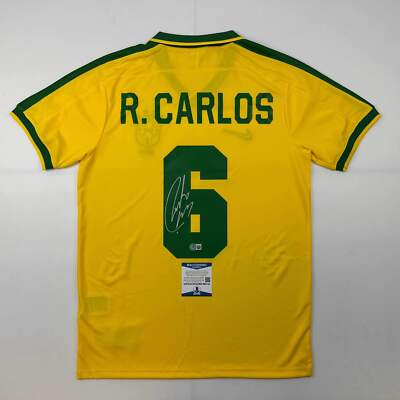 #ad #ad Autographed Signed Roberto Carlos Brazil Yellow Retro Soccer Jersey Beckett COA $249.99