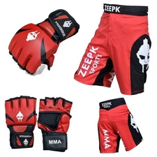 MMA UFC Sparring Grappling Boxing Fighting Shorts & Gloves Set Red/Black Color