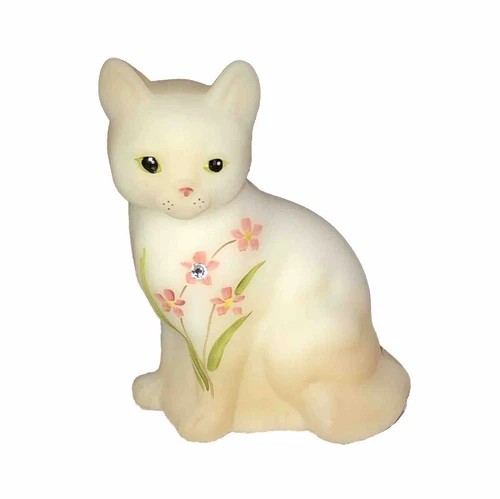 Fenton Glass Cat Figurine - Natural Series- Opal Satin Painted with Crystal