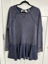 Free People Mini Sweater Dress Boho Oversized Open Tie back Washed Blue Sz M