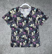 Disney Tinkerbell Think Tink Scrub Top Womens Size Small Gray V-Neck Pockets