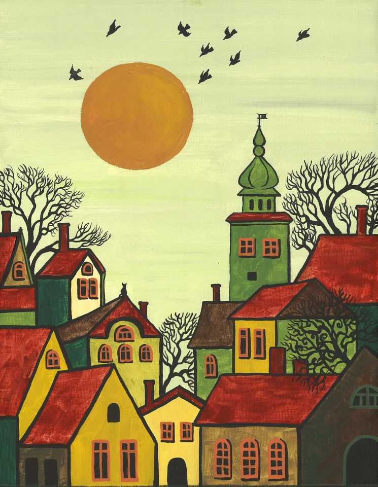 PRINT OF ABSTRACT FOLK ART PAINTING RYTA TREES HOUSES BLACK CAT WHIMSICAL ACEO