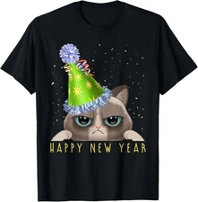 Happy New Year 2026 Funny New Year's Eve Cat Party Hat NYE Tee T-Shirt S-3XL
