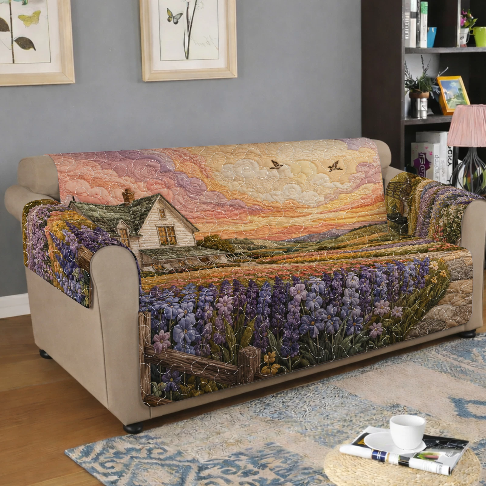 Quilted Sofa Cover Cozy House & Lavender Landscape Couch Protector 033792