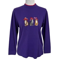 Vintage Mock Neck Cat Sweater Sweatshirt Size M Purple Red Hat Society Cat Lady